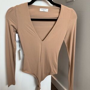Babaton Tan Deep V Long Sleeve Bodysuit